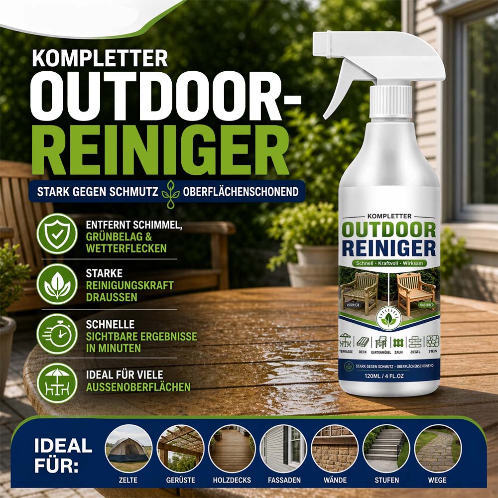 Outdoor-Reinigungsspray für Terrassen, Holzdecks, Zäune, Ziegel, Stein, Treppen & Gehwege – kraftvoll gegen Schmutz, Ablagerungen, Moos & Grünbelag