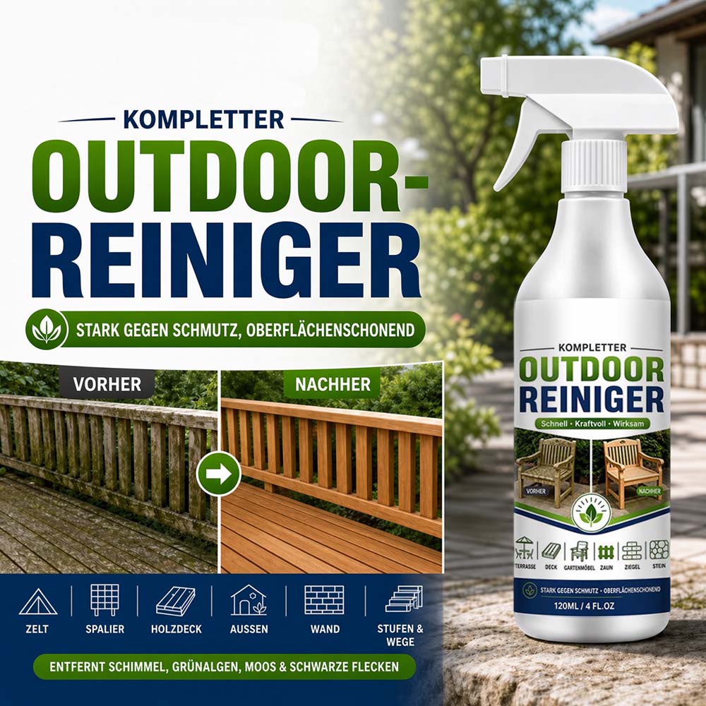 Outdoor-Reinigungsspray für Terrassen, Holzdecks, Zäune, Ziegel, Stein, Treppen & Gehwege – kraftvoll gegen Schmutz, Ablagerungen, Moos & Grünbelag