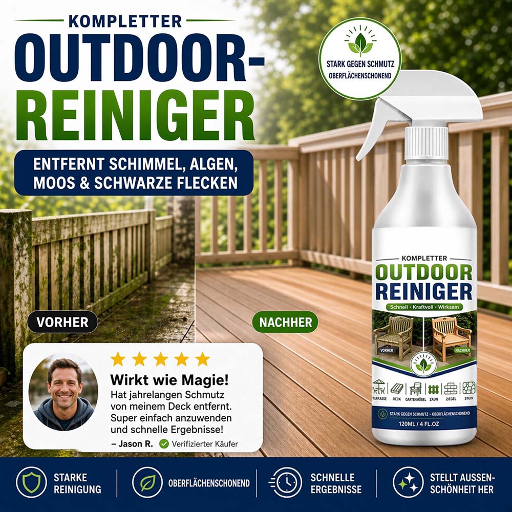 Outdoor-Reinigungsspray für Terrassen, Holzdecks, Zäune, Ziegel, Stein, Treppen & Gehwege – kraftvoll gegen Schmutz, Ablagerungen, Moos & Grünbelag