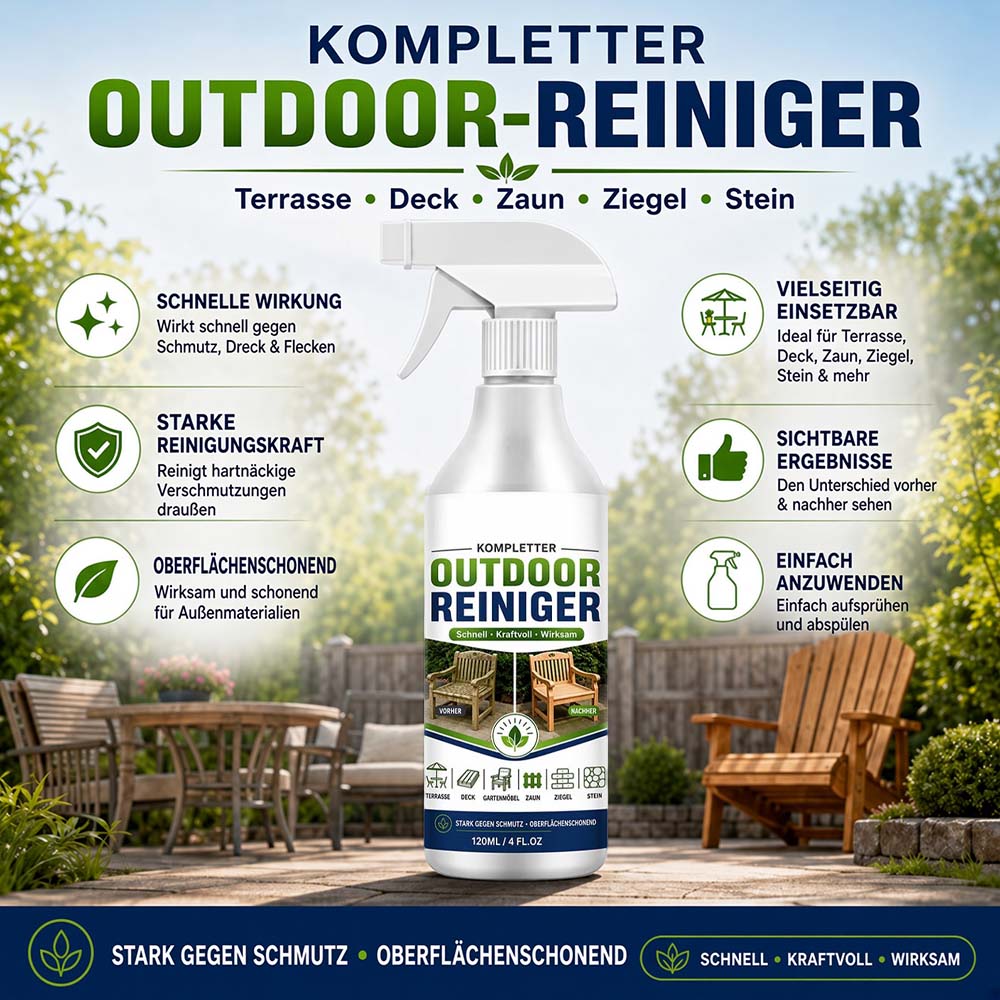 Outdoor-Reinigungsspray für Terrassen, Holzdecks, Zäune, Ziegel, Stein, Treppen & Gehwege – kraftvoll gegen Schmutz, Ablagerungen, Moos & Grünbelag