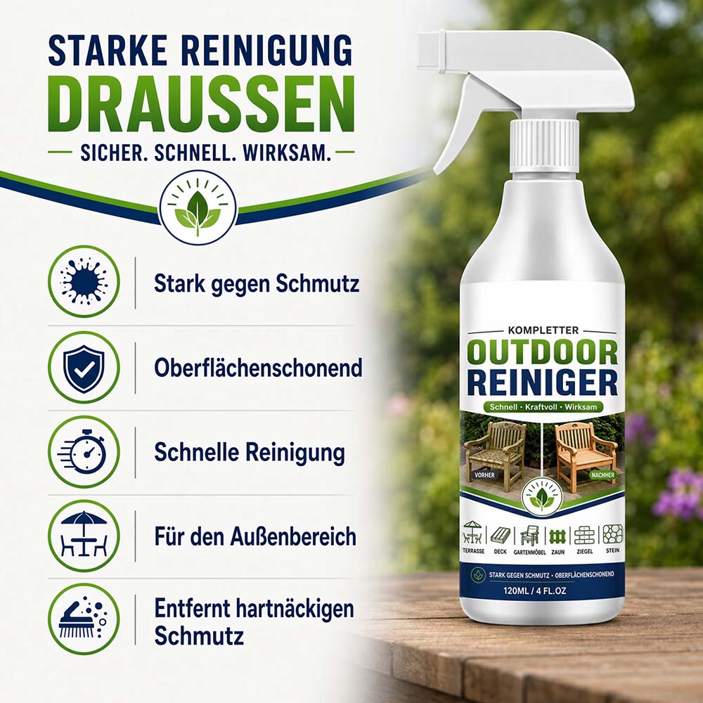 Outdoor-Reinigungsspray für Terrassen, Holzdecks, Zäune, Ziegel, Stein, Treppen & Gehwege – kraftvoll gegen Schmutz, Ablagerungen, Moos & Grünbelag